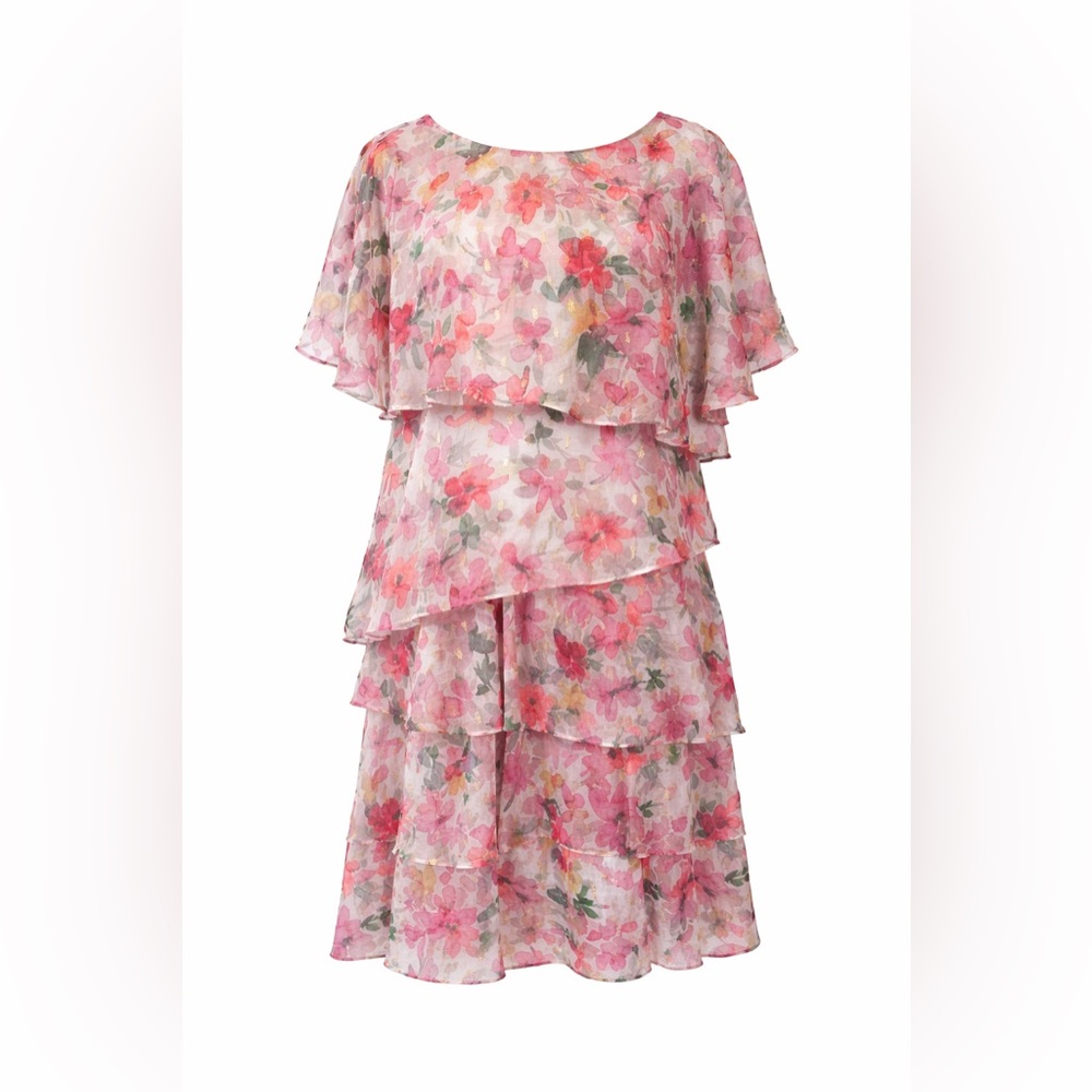 Jessica Howard Pink Floral Shimmer Asymmetrical Tiered Petite Dress